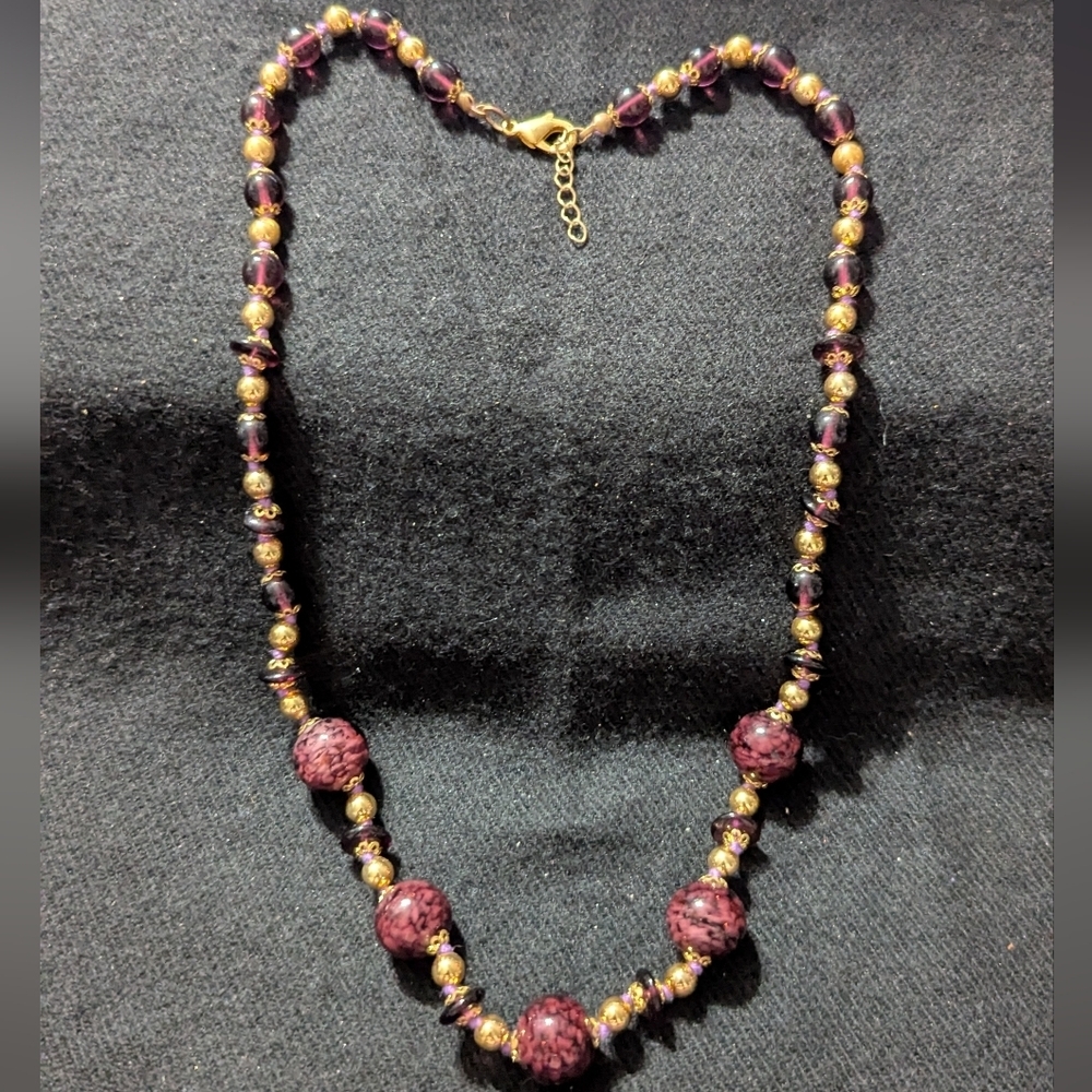 Gold Tone Purple Glass Beaded Statement Necklace